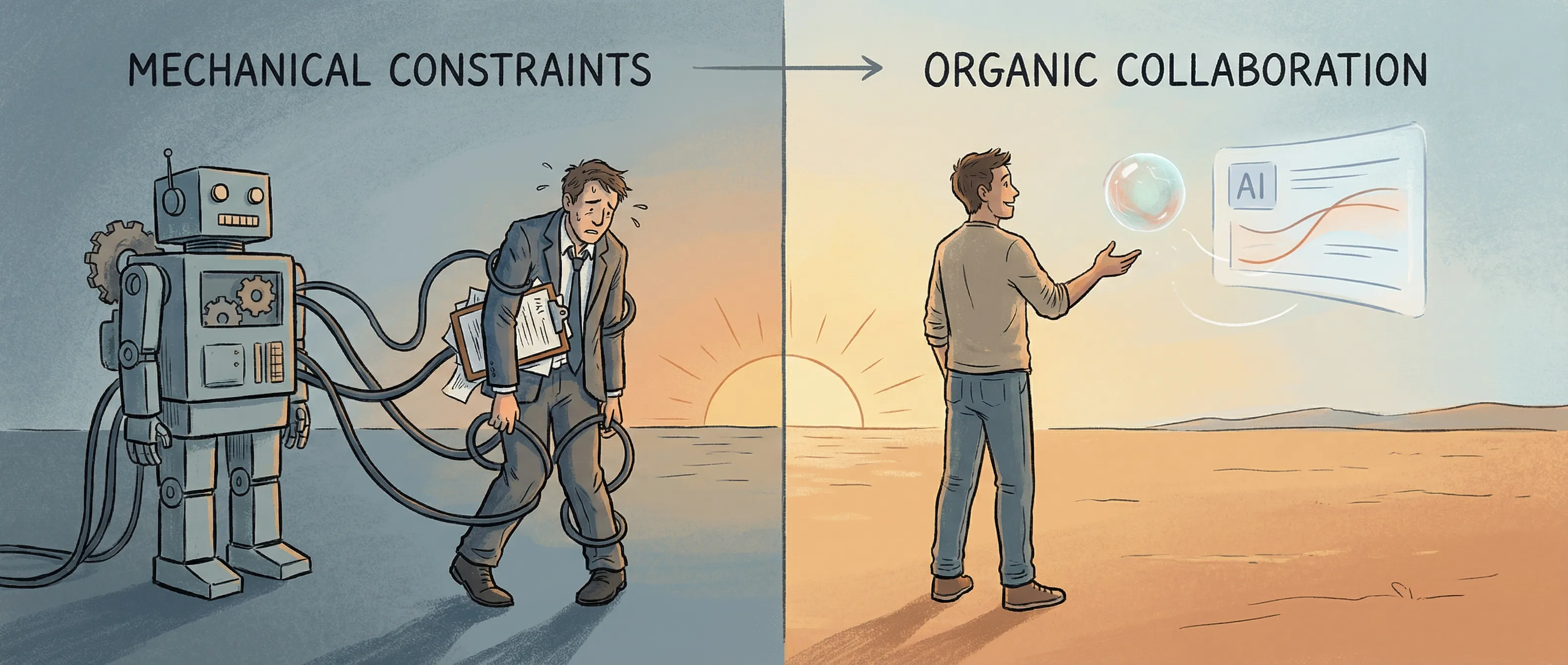 Task list model vs values model: mechanical constraints on the left, organic collaboration on the right