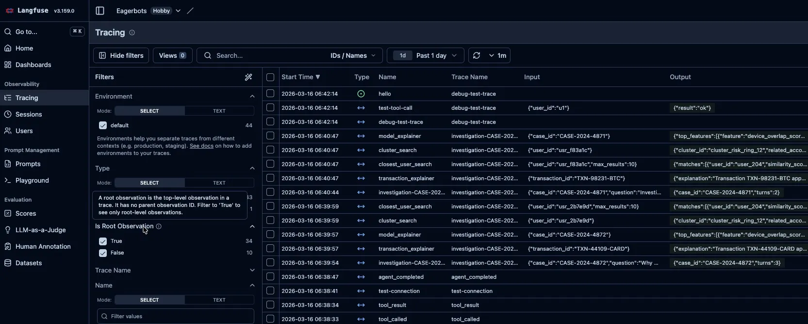 LangFuse tracing dashboard showing real investigation traces — each row is a tool call with case ID, input parameters, and output data