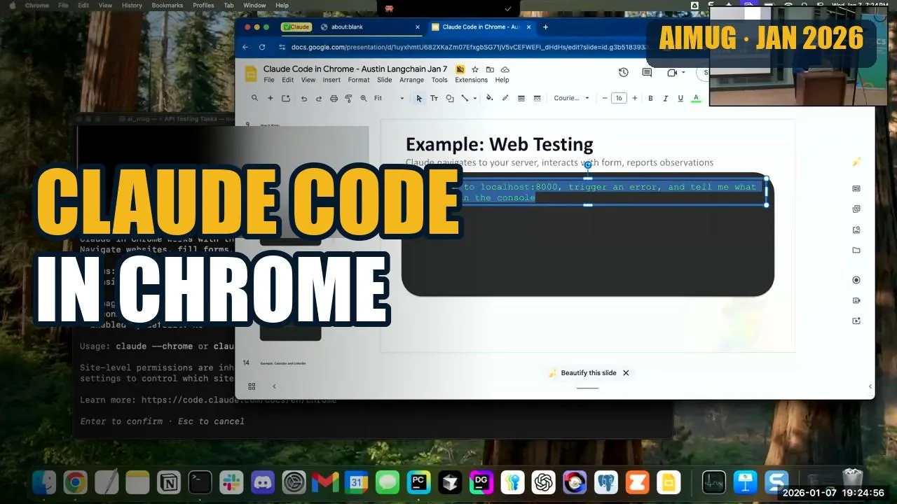 AIMUG thumbnail for "Claude Code in Chrome," showing a web-testing example slide.