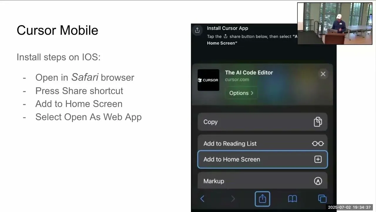 A slide from my Cursor talk on installing Cursor on iOS as a home-screen web app.