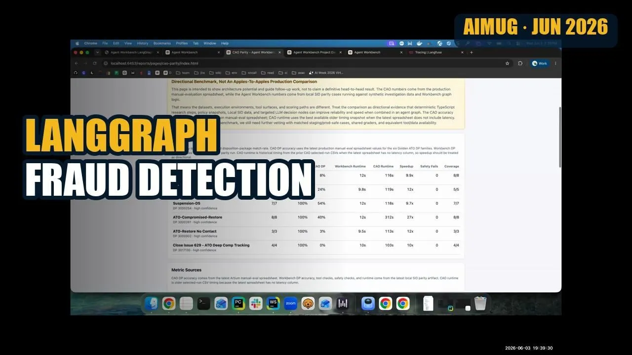 AIMUG thumbnail for "LangGraph for Fraud Detection," showing a structured benchmark comparing AI agents.