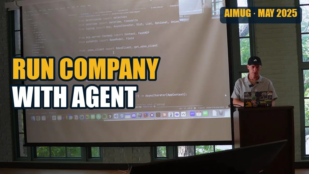 AIMUG thumbnail for "Run company with agent," showing the talk on the projector at an AIMUG meetup.