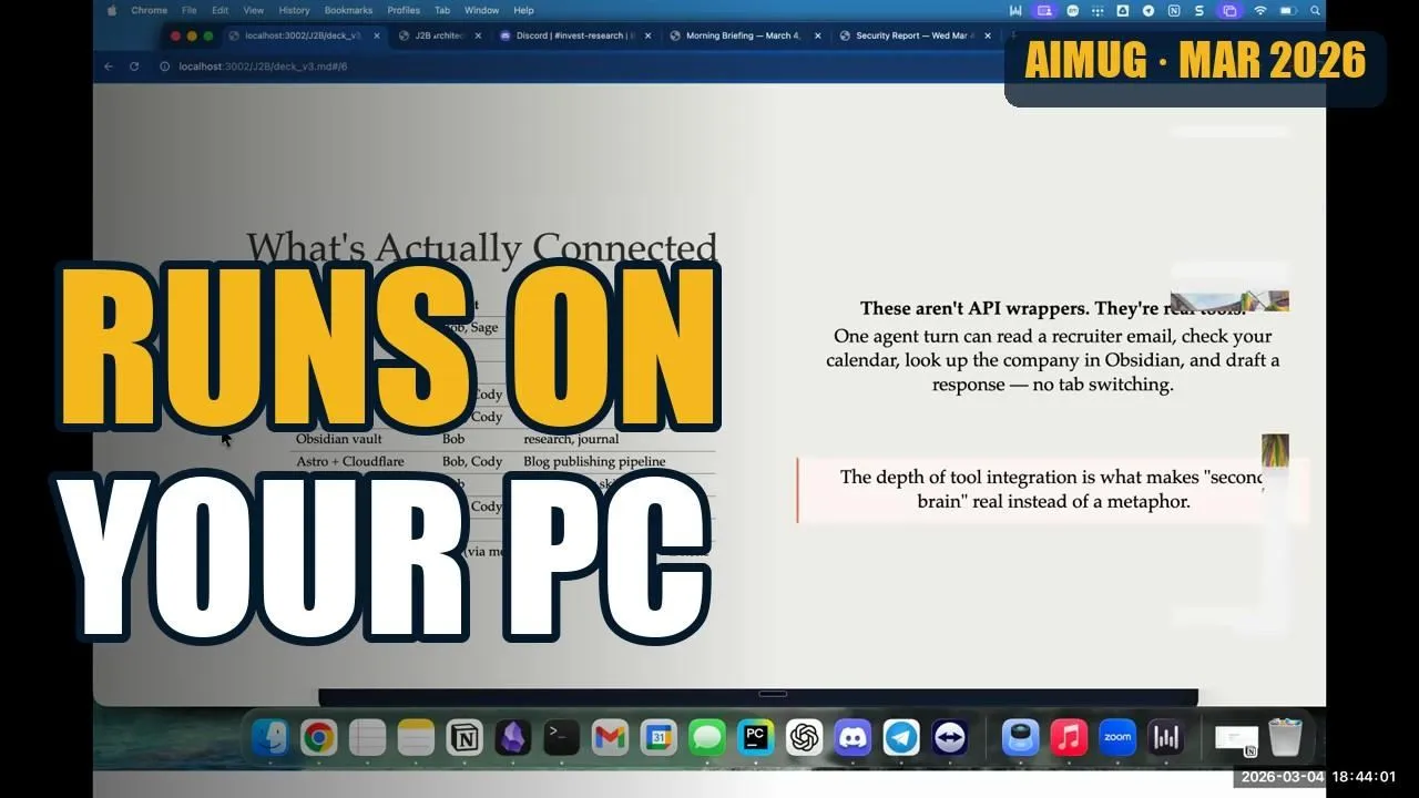 AIMUG thumbnail for "OpenClaw: Running a Swarm of Local AI Agents," reading "Runs on your PC" over a slide titled "What's Actually Connected."